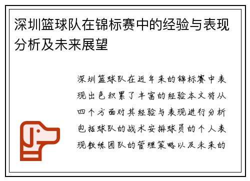 深圳篮球队在锦标赛中的经验与表现分析及未来展望
